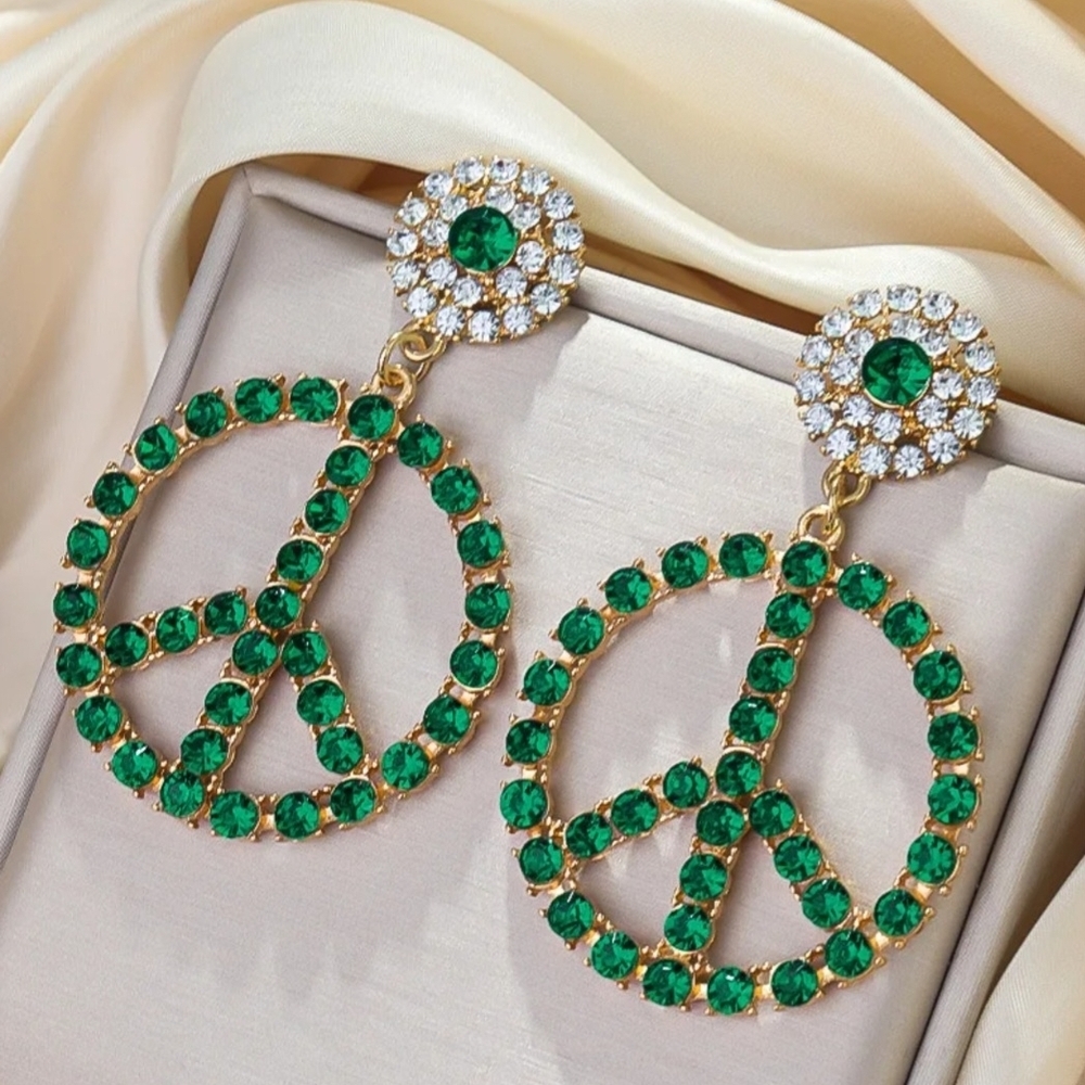 Peace Sign Rhinestone Statement Earrings Emerald Green - Picture 12 of 13